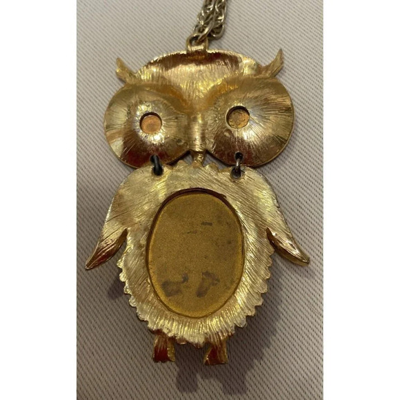 Owl Necklace Lucite Eyes Belly 3D Hinged Gold Tone Articulated Vintage Retro - Picture 3 of 5